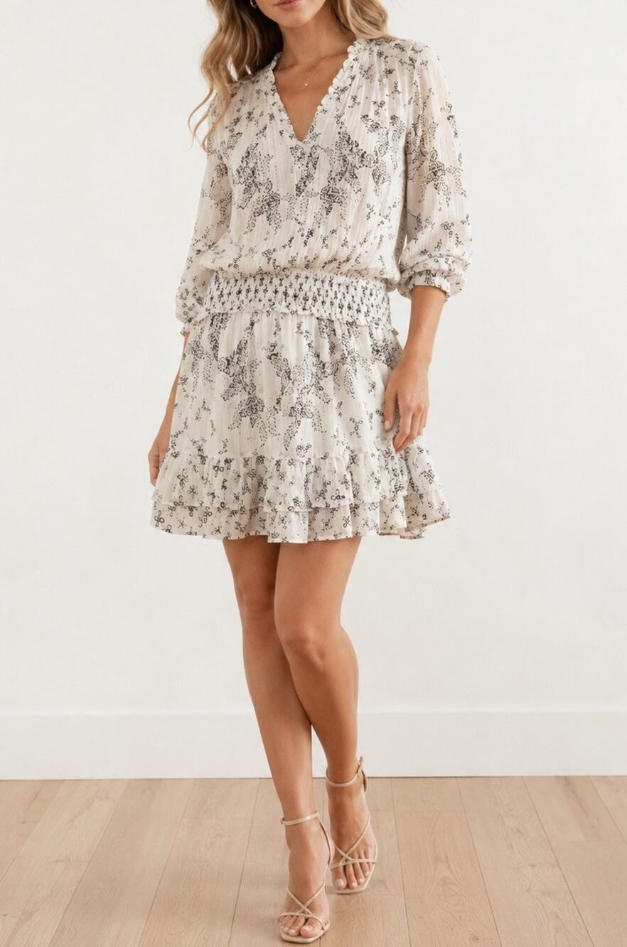 Poupette St Barth Ilona Parrot Print Mini Dress V Neck Long Sleeve Size Small